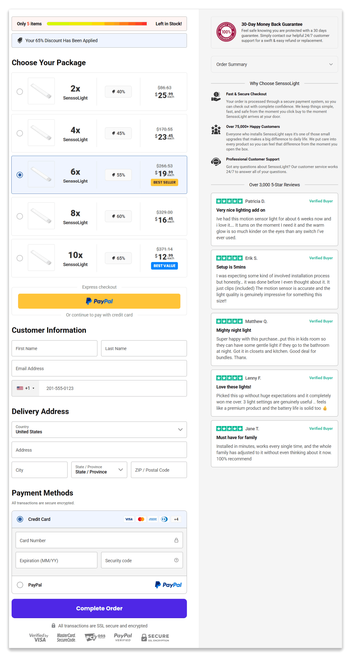 Senssolight secure checkout page